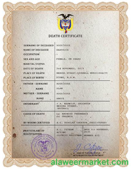 Colombia vital record death certificate PSD template